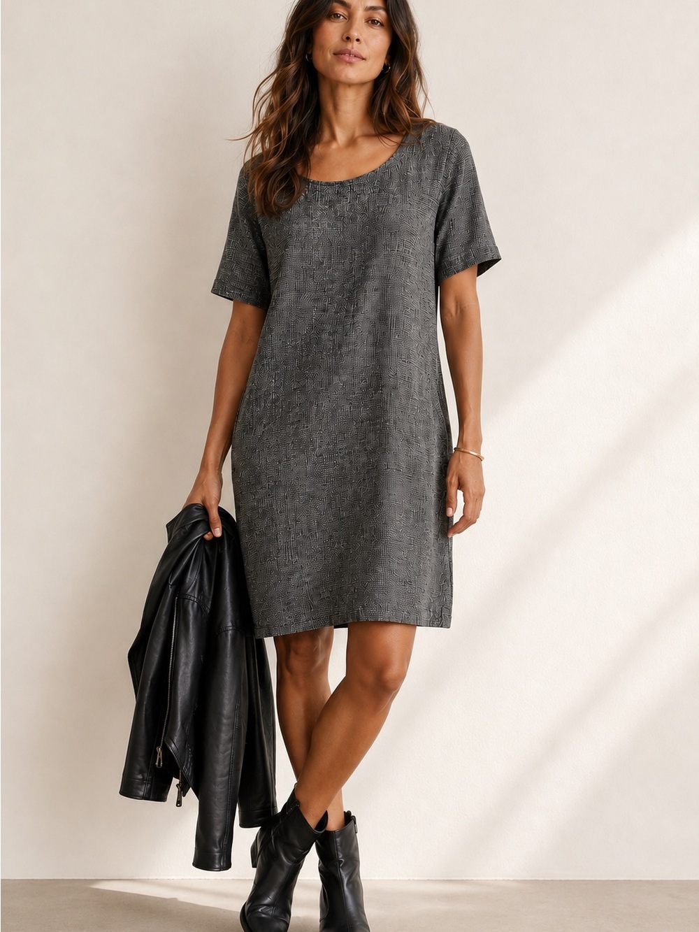 Eileen Fisher | Hemp Organic Cotton Shift Dress Black White Textured Pockets